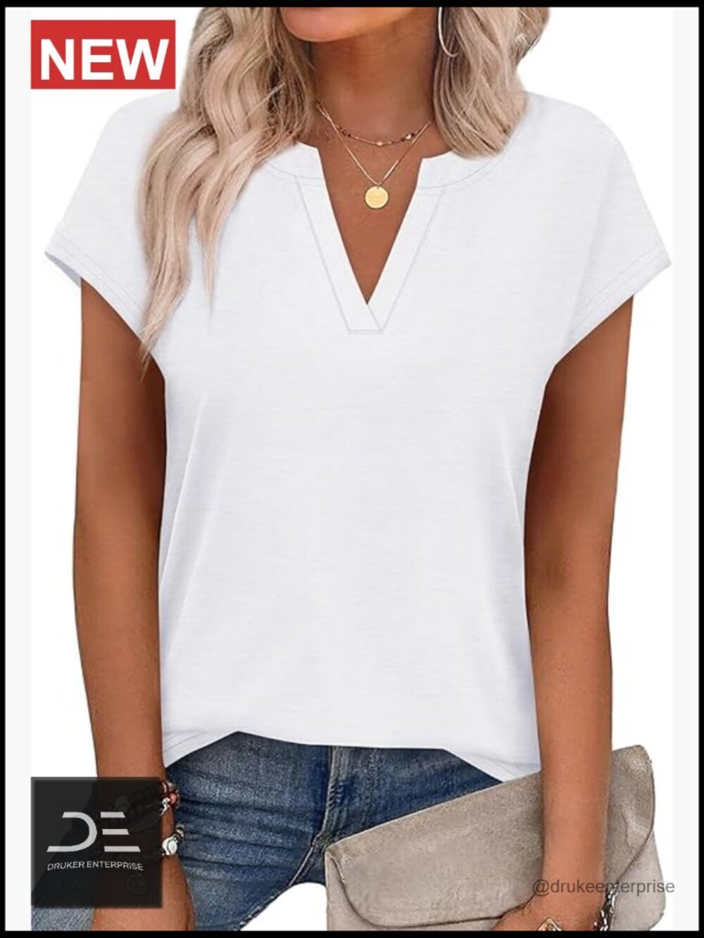 V Neck Cap Sleeve T Shirt Loose Fit Business Casual Summer Basic Tee